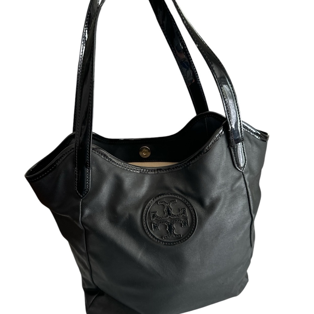 Tory Burch Black Canvas Tote Bag with "T" Logo